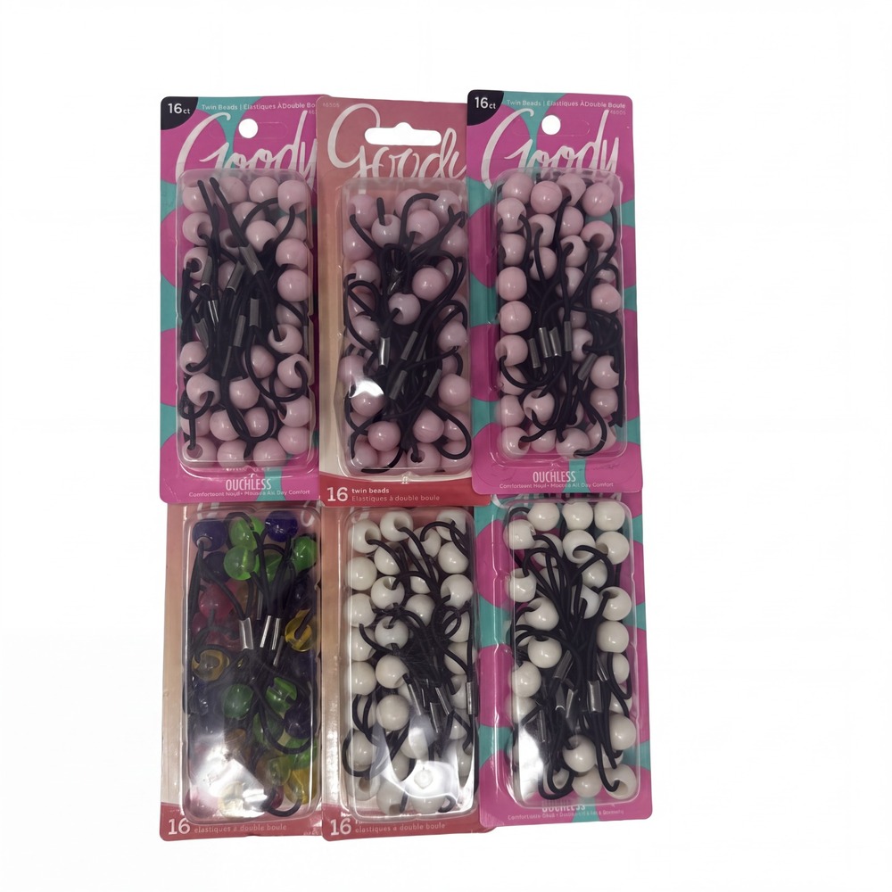 6 Pack - 16 Each Goody Girls Twinbead Bubble Ponytailers -White Pink Colorful